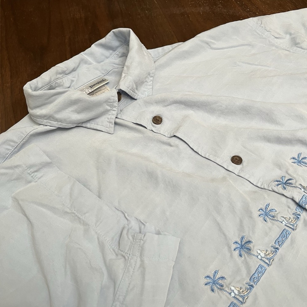Disneyland Resort Men Button Up Shirt XL Blue Palm Trees Hawaiian Collar EUC